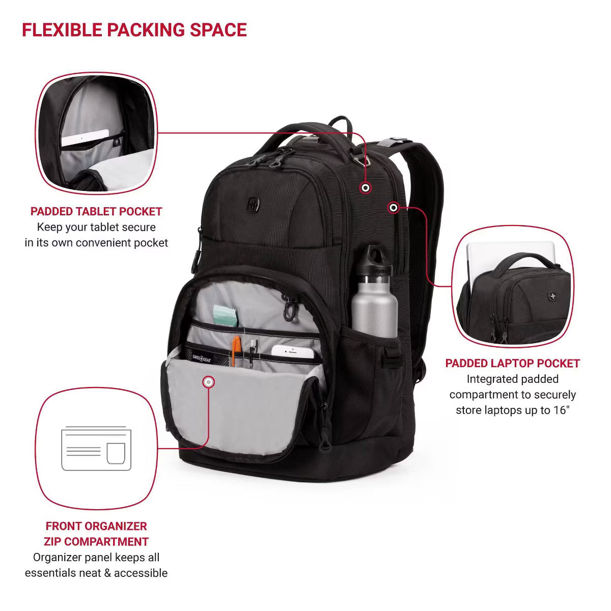 SwissGear 5698 Laptop Backpack, Ideal for Commuting, Work, Travel, College, and School, Fits 15 Inch Laptop Notebook, Black