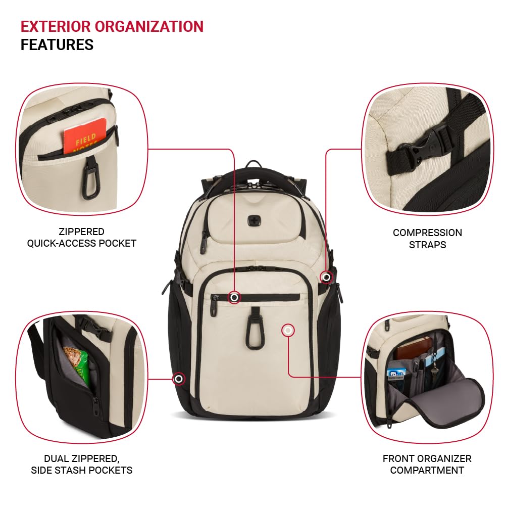 SwissGear Endure ScanSmart Laptop Backpack - TSA Approved Tech Backpack - Fits Most 17" Laptop - Multiple Organizer Pockets - Vintage Khaki